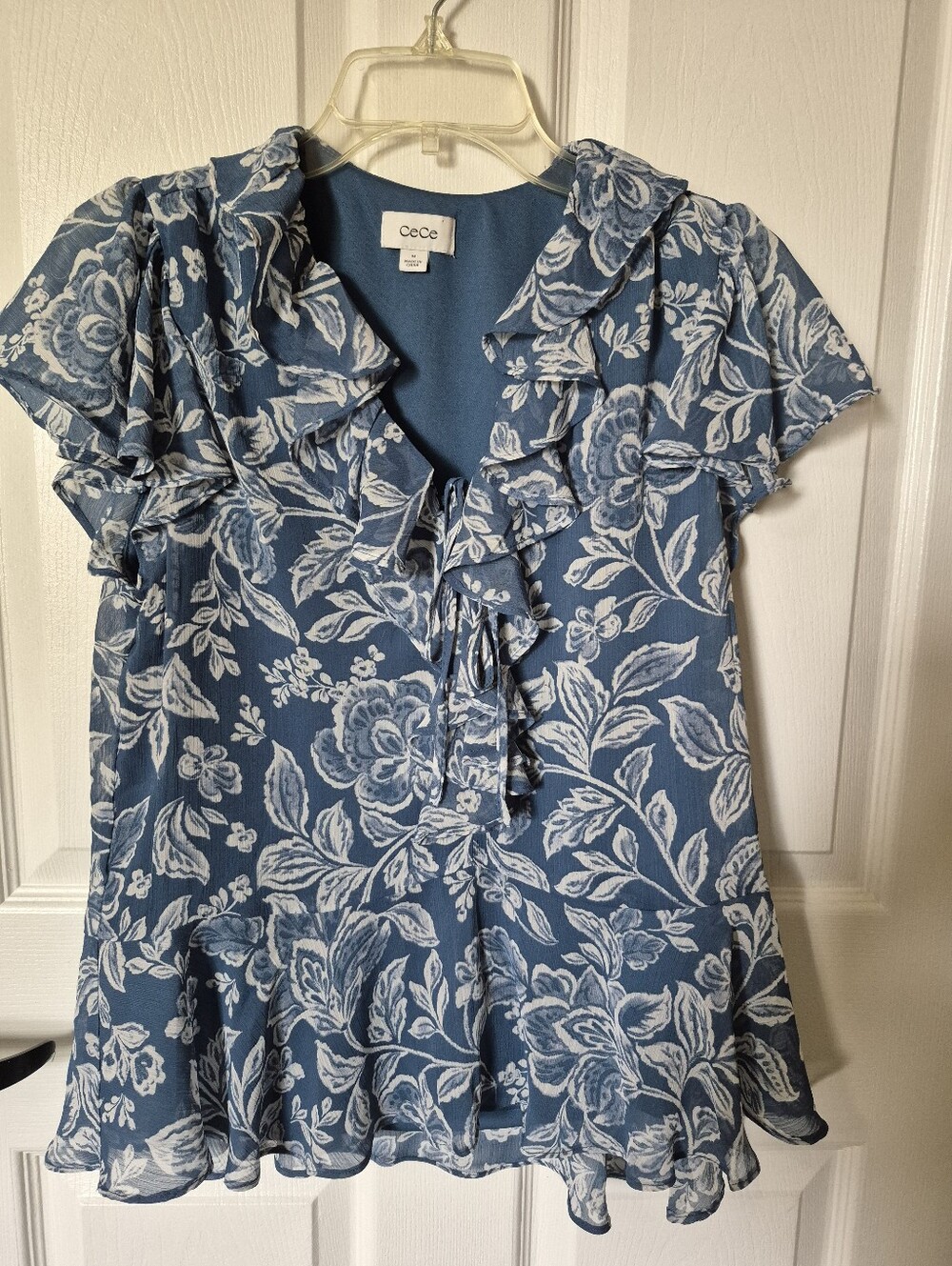CeCe Blue and White Floral Ruffle Blouse